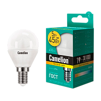 Лампа светодиодная Camelion G45 E14 5W 3000К 170-265V шар матовая (1/10/100)
