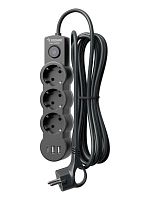 Удлинитель Космос 3р.С/З 10A 3.0м с выкл. ПВС 3x1мм² IP20 USB черный (1/30)