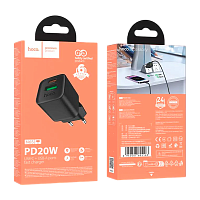 Сетевое З/У HOCO N65 1USB+1Type-C 20W PD,QC с кабелем Type-C-Lightning черный (1/13/130)