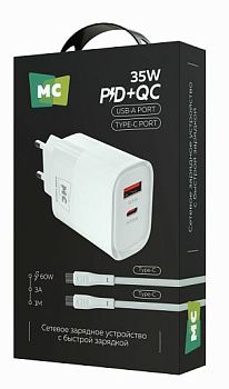 Сетевое З/У MORE CHOICE NC82a 1USB+1Type-C 3.0A 35W PD,QC с кабелем Type-C/Type-C белый