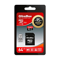 Карта памяти microSD OltraMax 64GB Class10 UHS-I (U3) 95 МБ/сек с адаптером