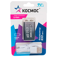 Аккумулятор бытовой Космос Крона BL1 Li-ion 9V 650mAh Type-C (1/6/72) 