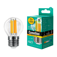 Лампа светодиодная филамент Camelion G45 E27 12W 3000К 207-244V шар прозрачная (1/10/100)