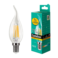 Лампа светодиодная филамент Camelion CW35 E14 7W 3000К 172-265V свеча на ветру прозрачная (1/10/100)