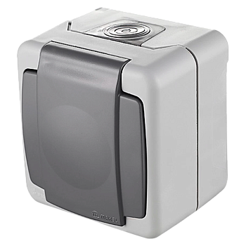 Выключатель + розетка с крышкой Makel 1-клав.16A пластик серый 36064103