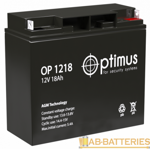 Аккумулятор свинцово-кислотный Optimus OP 1218 12V 18Ah (1/2)  | Ab-Batteries | Элементы питания и аксессуары для сотовых оптом