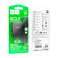 Сетевое З/У HOCO C140A 1USB 2.1A 18W QC3.0 с кабелем Type-C черный (1/28/168)