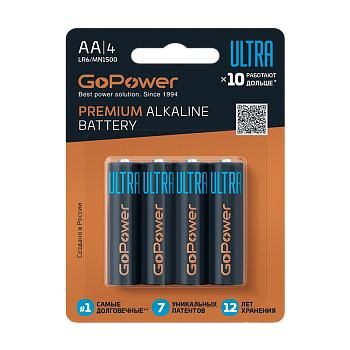 Батарейка GoPower Ультра/ULTRA LR6 AA BL4 Щелочная 1.5V (4/40/480)