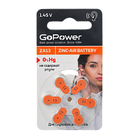 Батарейка GoPower ZA13 BL6 Воздушно-цинковая (6/60/600/3000)