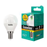 Лампа светодиодная Camelion G45 E14 7W 3000К 170-265V шар матовая (1/10/100)