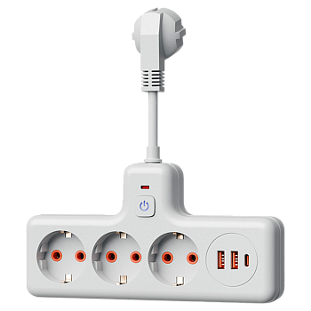 Сетевой фильтр Космос Компакт 3р.С/З 10A 0.3м 2USB+Type-C ПВС 3x1мм² с выкл. белый (1/40)