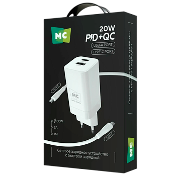 Сетевое З/У MORE CHOICE NC85a 1USB+1Type-C 3.0A PD20W с кабелем Type-C/Type-C белый