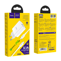 Сетевое З/У HOCO C80A 1USB/Type-C 3.1A 20W QC3.0 с кабелем Type-C-Type-C 60W белый (1/12/120)