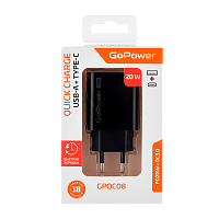 Сетевое З/У GoPower GPQC08 1USB+1Type-C 20W QC3.0 черный