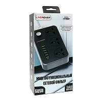 Сетевой фильтр Live Power LP3604 3р.С/З 10A 2.0м 6USB с выкл. черный (1/50)