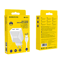 Сетевое З/У Borofone BA45A 2USB 2.4A с кабелем Lightning белый (1/44/176)