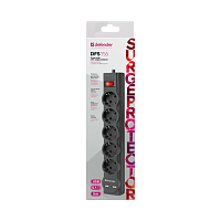 Сетевой фильтр Defender DFS 755 5р.С/З 10A 5.0м 2USB 220 Дж черный (1/30)