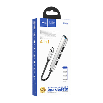 USB-Хаб HOCO HB26 4USB Type-C (m) USB3.0 серебряный (1/18/180)