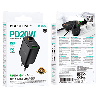 Сетевое З/У Borofone BA96A 1USB+1Type-C 3.0A 20W QC3.0 дисплей черный (1/46/184) 