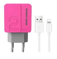 Сетевое З/У MORE CHOICE NC46i 2USB 2.4A с кабелем Lightning розовый