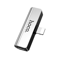 Переходник AUX HOCO LS25 Jack 3.5mm (f)-Lightning (m)/Lightning (f) пластик серебряный (1/31/310)