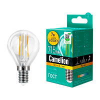 Лампа светодиодная филамент Camelion G45 E14 7W 3000К 207-244V шар прозрачная (1/10/100)