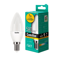 Лампа светодиодная Camelion C35 E14 7W 3000К 170-265V свеча матовая (1/10/100)