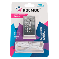 Аккумулятор бытовой Космос Крона BL1 Li-ion 9V 1200mAh Type-C (1/6/72) 