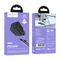Сетевое З/У HOCO N65 1USB+1Type-C 20W PD,QC с кабелем Type-C/Type-C черный (1/13/130)