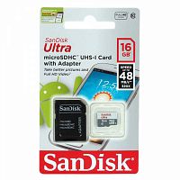 Карта памяти microSD SanDisk ULTRA 16GB Class10 UHS-I (U1) 48 МБ/сек с адаптером