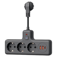 Сетевой фильтр Космос Компакт 3р.С/З 10A 0.3м 2USB+Type-C ПВС 3x1мм² с выкл. черный (1/40)