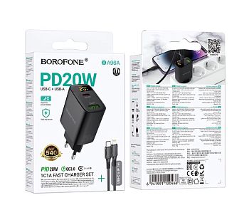 Сетевое З/У Borofone BA96A 1USB+1Type-C 3.0A 20W QC3.0 дисплей с кабелем Type-C-Lightning черный