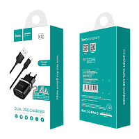 Сетевое З/У HOCO C12 2USB 2.4A с кабелем microUSB черный (1/10/100) 