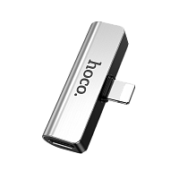 Переходник AUX HOCO LS25 Jack 3.5mm (f)-Lightning (m)/Lightning (f) пластик серебряный (1/31/310)