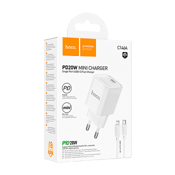 Сетевое З/У HOCO C146A Type-C 20W PD3.0 с кабелем Lightning белый (1/30/180)