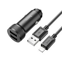 Автомобильное З/У HOCO Z49 2USB 2.4A с кабелем Lightning серый (1/13/130)