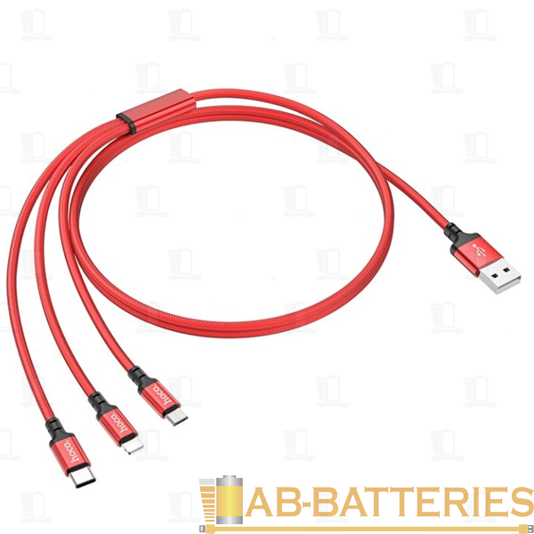 Кабель HOCO X14 USB (m)-2хType-C/Lightning/microUSB (m) 1.0м 2.0A нейлон красный (1/20/200)