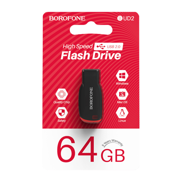 Флеш-накопитель Borofone Generous BUD2 64GB USB2.0 пластик черный красный (1/35/280)